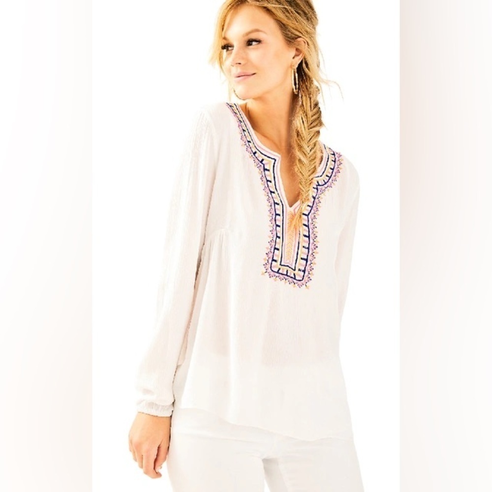 Lilly Pulitzer Resort White Pink Blue Orange Embroidered Dahle Tunic Top Medium - Picture 2 of 12
